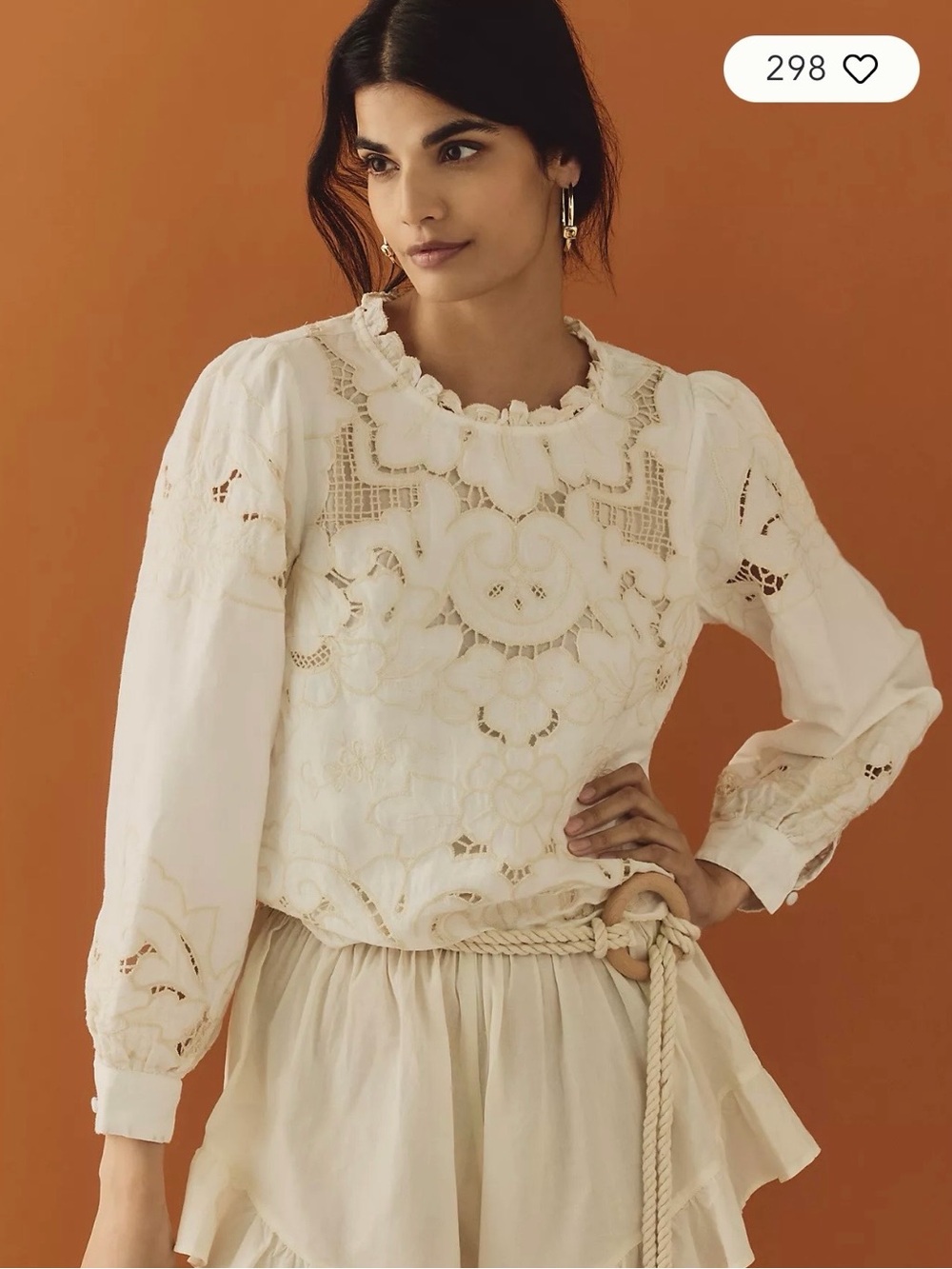 Anthropologie Lainie High Neck Ivory Lace Cutwork Long-Sleeve Blouse
